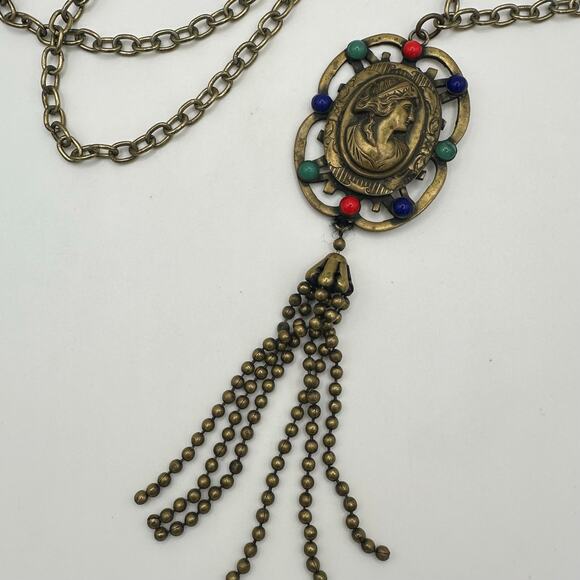 Antique Art Deco 1920s brass multicolor glass cameo tassel pendant necklace - Picture 1 of 10